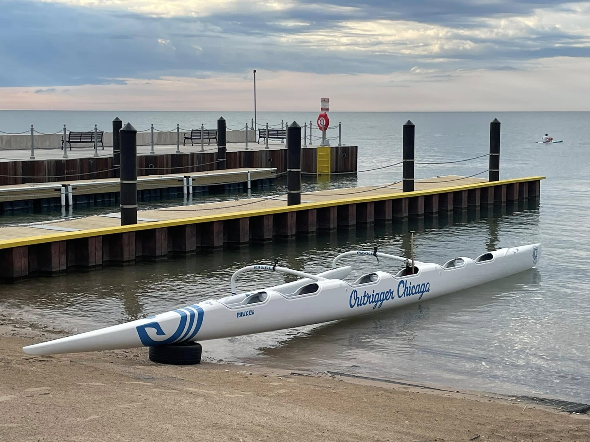 An OC6 outrigger canoe showing the hull, booms, and outrigger float