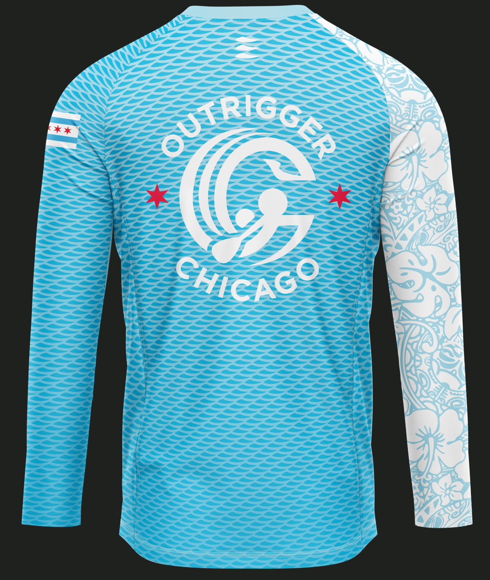 Outrigger Chicago rashie with Chicago flag stars and Polynesian patterns